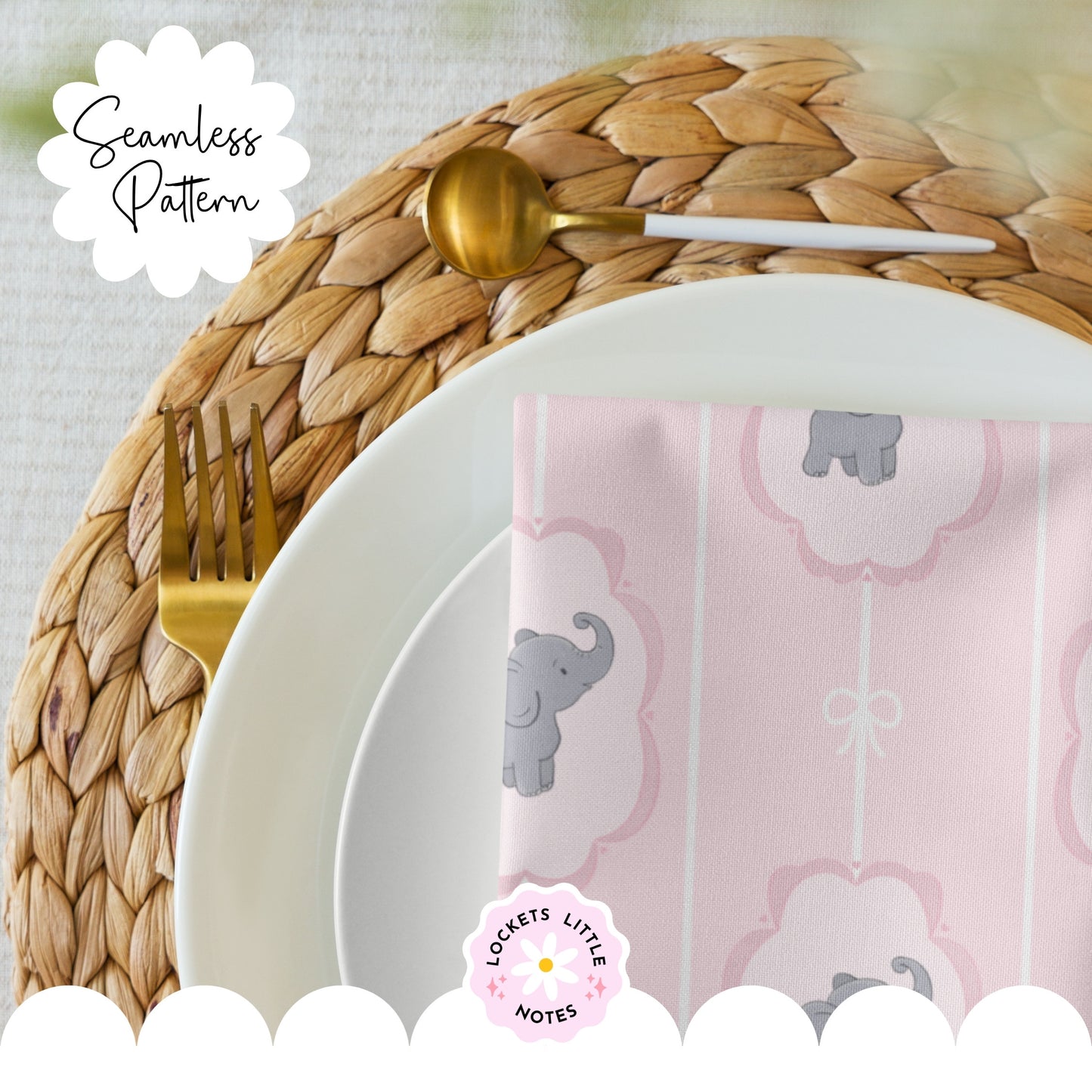 Pink Pinstripe & Elephant Fairytale Seamless Pattern | Gold Frame Coquette Surface Design