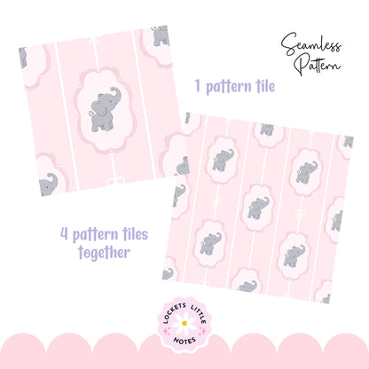 Pink Pinstripe & Elephant Fairytale Seamless Pattern | Gold Frame Coquette Surface Design