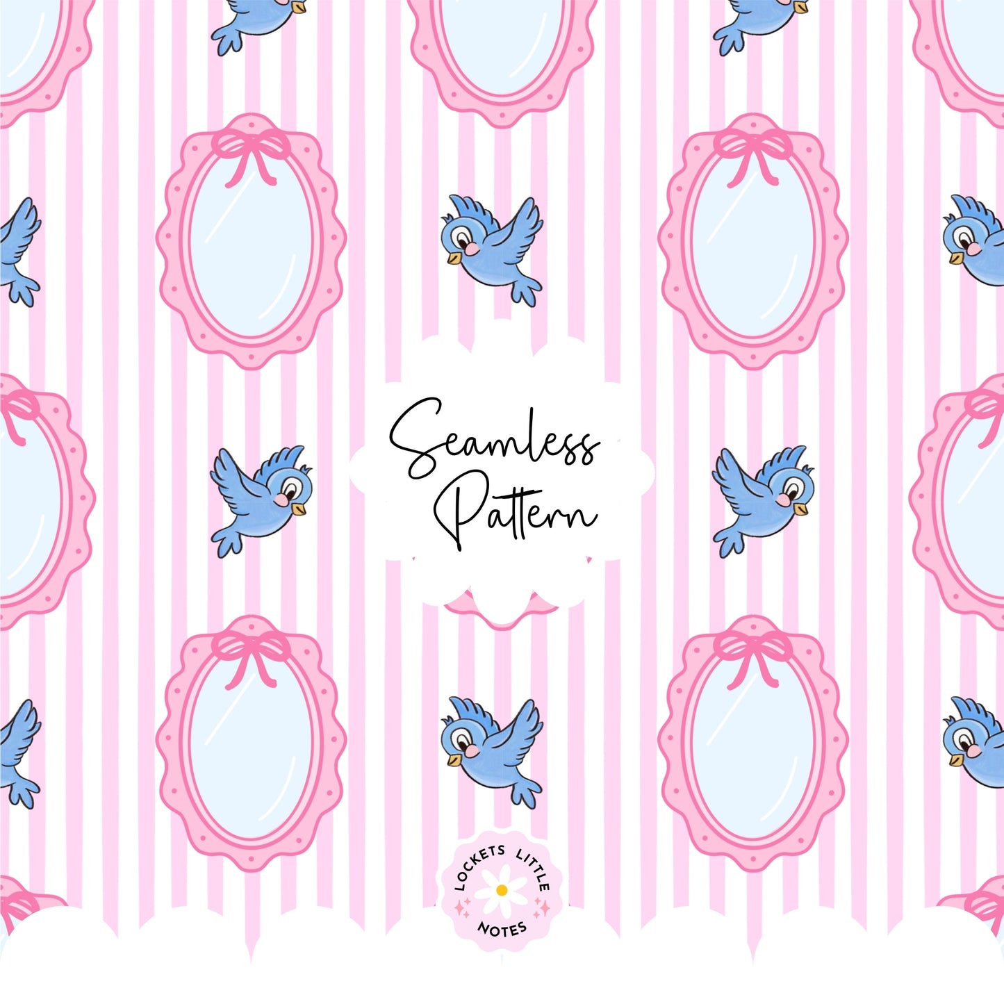 Fairytale Blue Bird & Mirror Seamless Pattern | Pink Pinstripe Coquette Surface Design