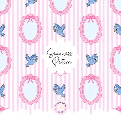 Fairytale Blue Bird & Mirror Seamless Pattern | Pink Pinstripe Coquette Surface Design