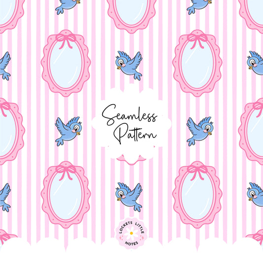 Fairytale Blue Bird & Mirror Seamless Pattern | Pink Pinstripe Coquette Surface Design