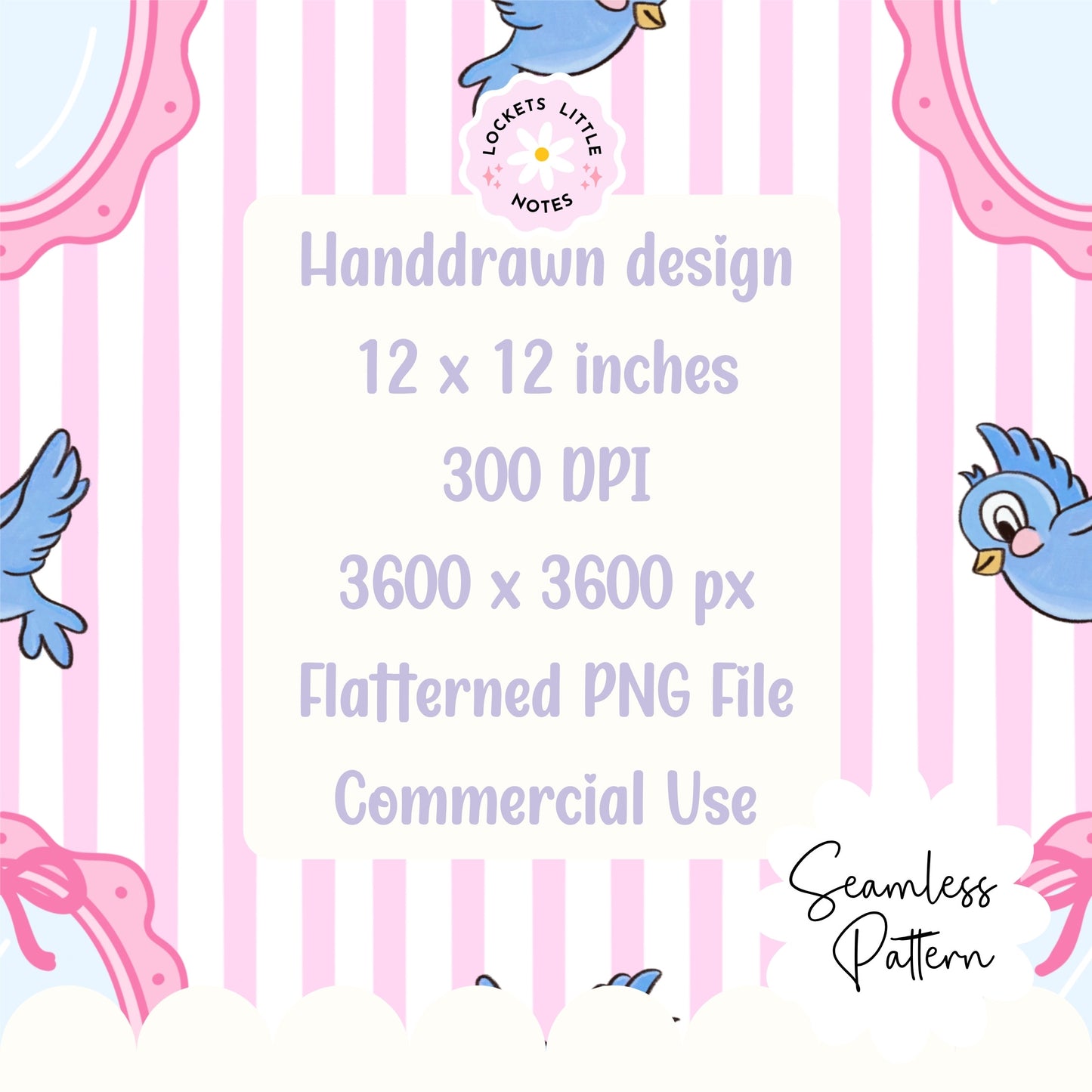 Fairytale Blue Bird & Mirror Seamless Pattern | Pink Pinstripe Coquette Surface Design