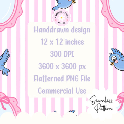 Fairytale Blue Bird & Mirror Seamless Pattern | Pink Pinstripe Coquette Surface Design