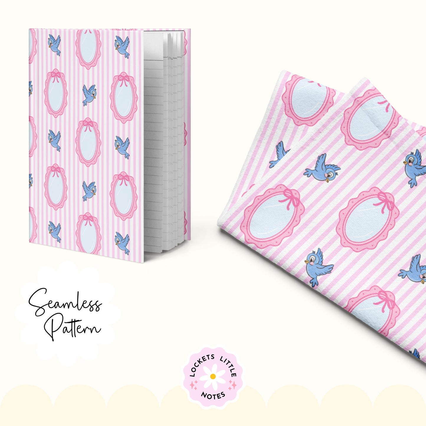 Fairytale Blue Bird & Mirror Seamless Pattern | Pink Pinstripe Coquette Surface Design