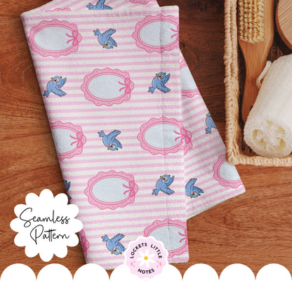 Fairytale Blue Bird & Mirror Seamless Pattern | Pink Pinstripe Coquette Surface Design