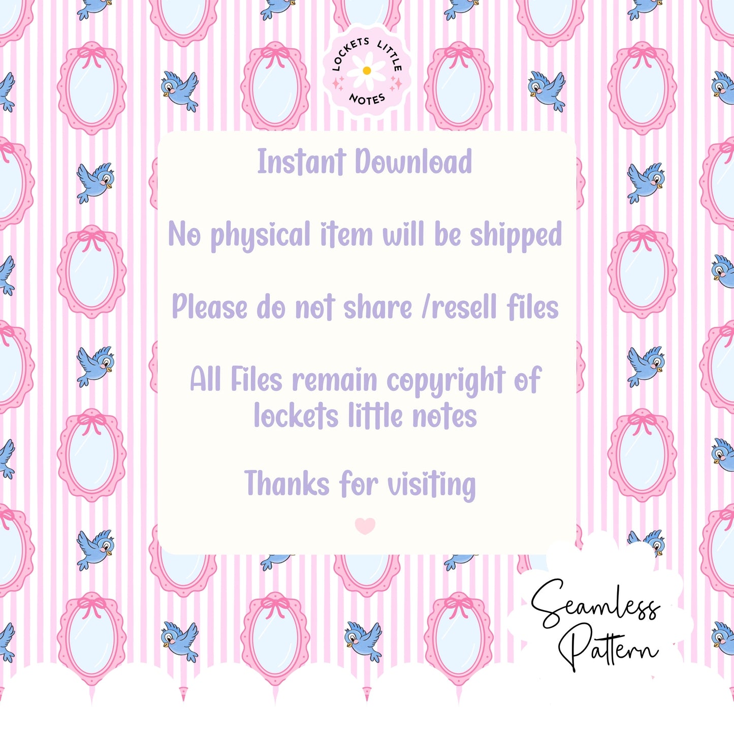 Fairytale Blue Bird & Mirror Seamless Pattern | Pink Pinstripe Coquette Surface Design