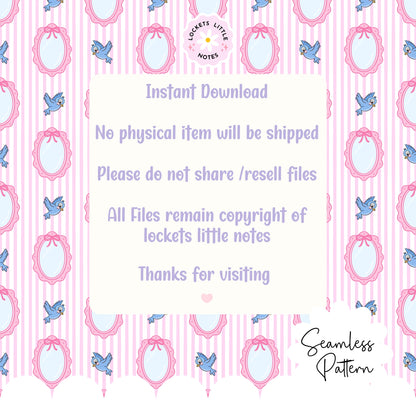 Fairytale Blue Bird & Mirror Seamless Pattern | Pink Pinstripe Coquette Surface Design