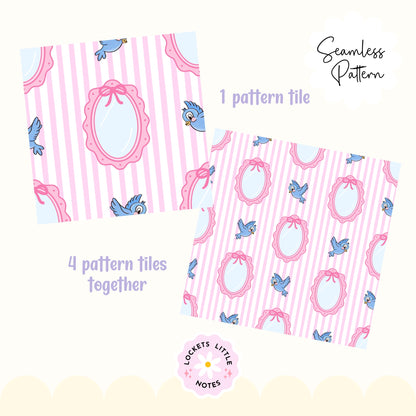 Fairytale Blue Bird & Mirror Seamless Pattern | Pink Pinstripe Coquette Surface Design