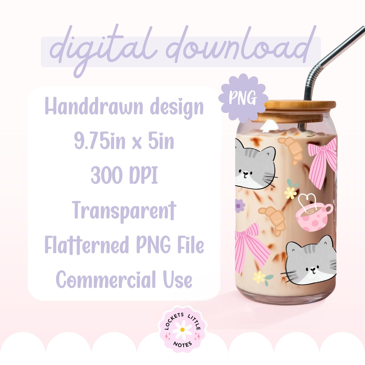 Kawaii Grey Cat Glass Can Wrap PNG, Coffee & Croissant Coquette Design, Floral Pink Ribbon 16oz Libbey, 2 Files POD, Digital Download