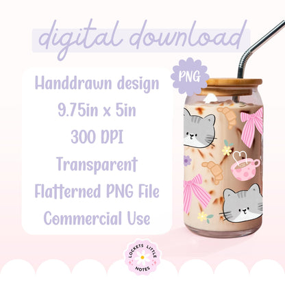 Kawaii Grey Cat Glass Can Wrap PNG, Coffee & Croissant Coquette Design, Floral Pink Ribbon 16oz Libbey, 2 Files POD, Digital Download