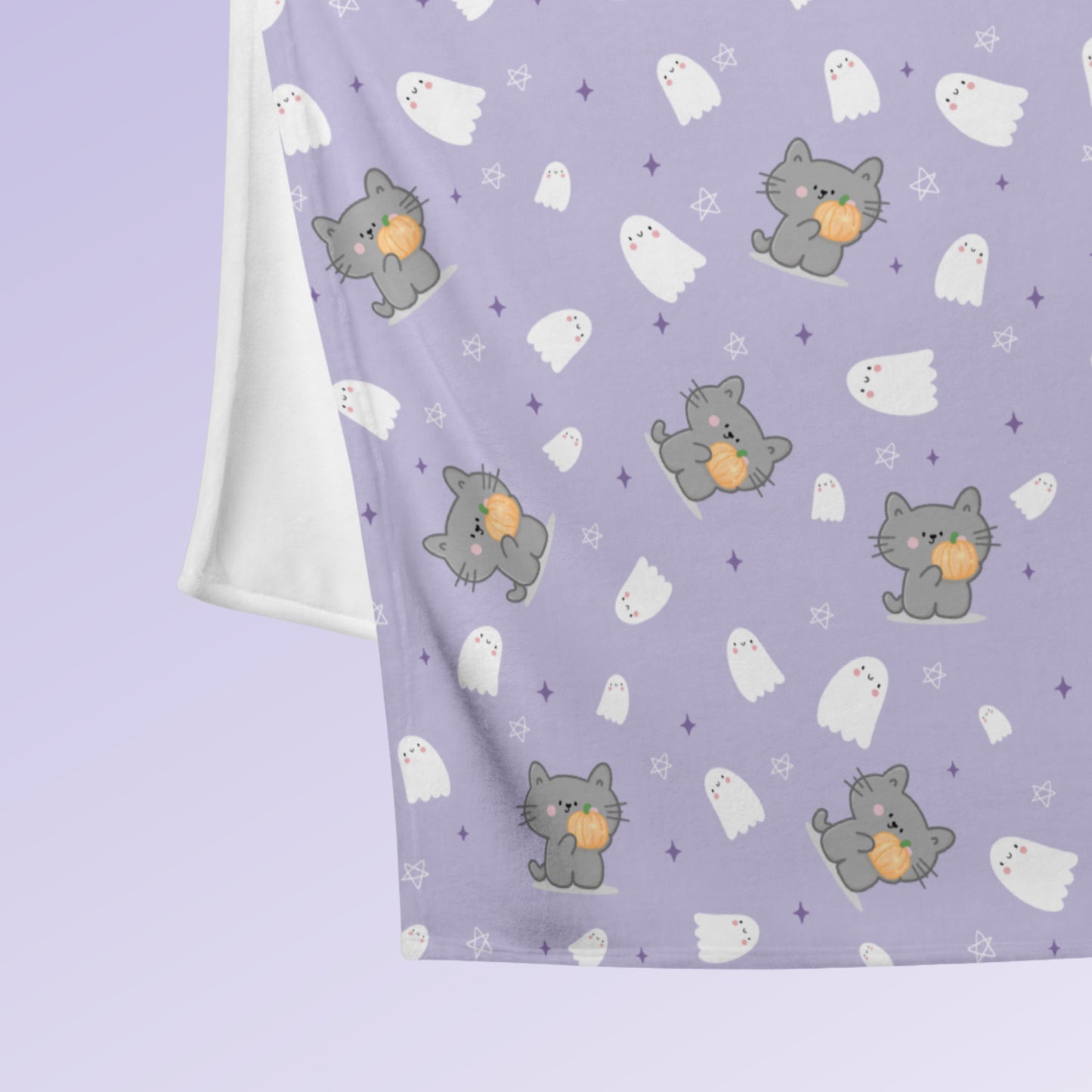 Kawaii Cat, Pumpkin and Ghosts Purple Blanket