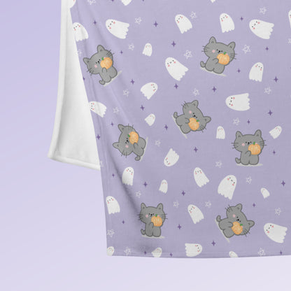 Kawaii Cat, Pumpkin and Ghosts Purple Blanket
