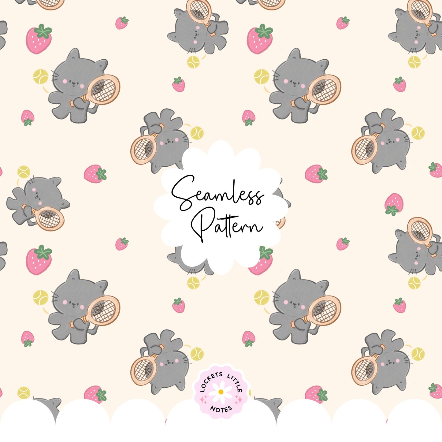 Kawaii Tennis Cat & Strawberry Seamless Pattern | Whimsical Sporty Surface Design