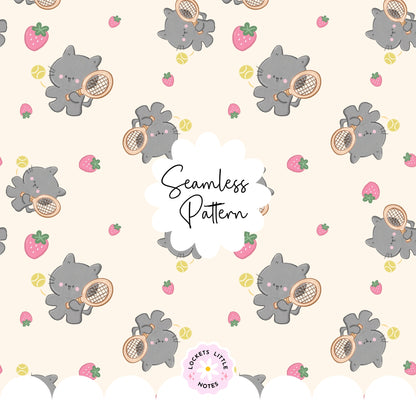 Kawaii Tennis Cat & Strawberry Seamless Pattern | Whimsical Sporty Surface Design