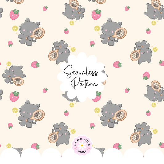 Kawaii Tennis Cat & Strawberry Seamless Pattern | Whimsical Sporty Surface Design