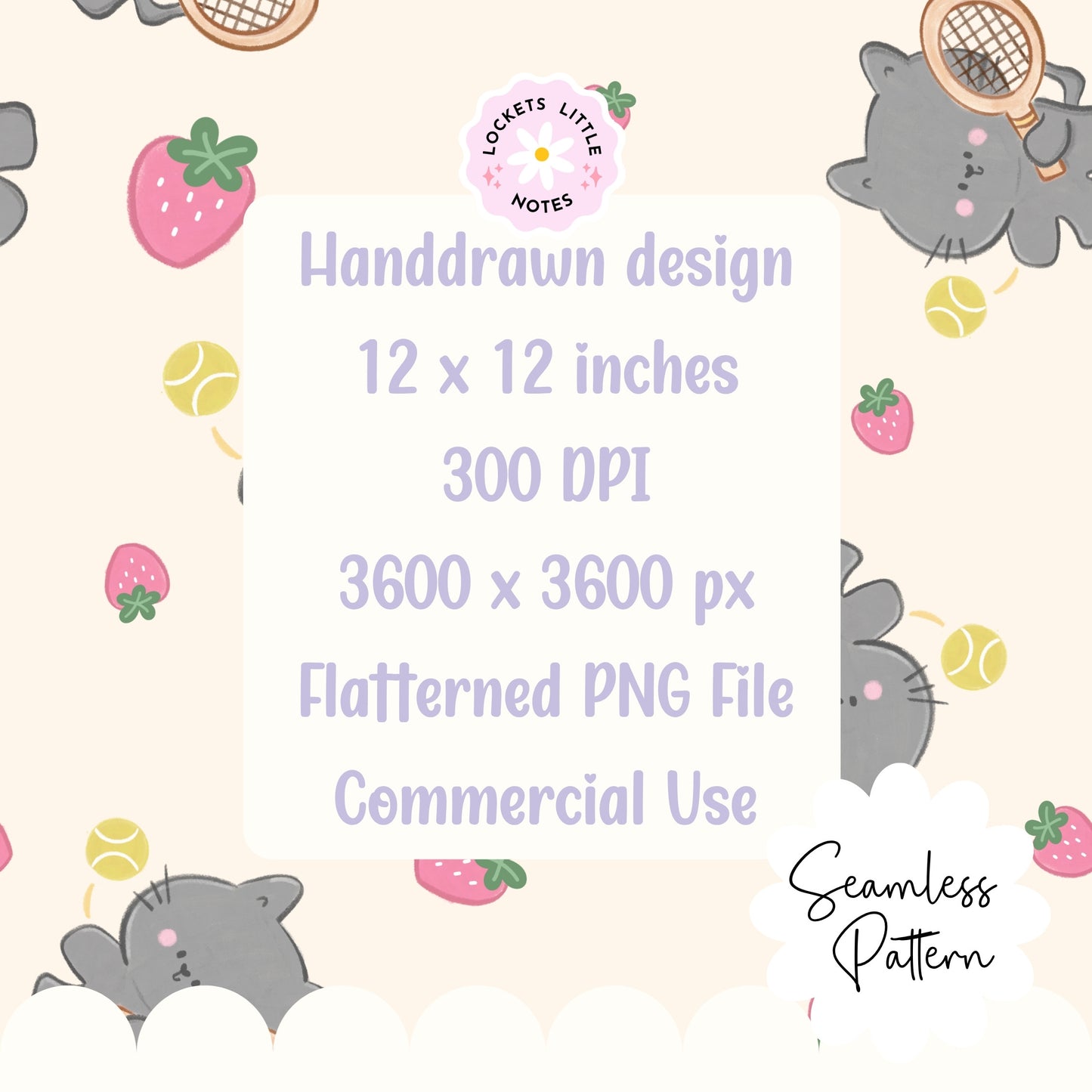 Kawaii Tennis Cat & Strawberry Seamless Pattern | Whimsical Sporty Surface Design