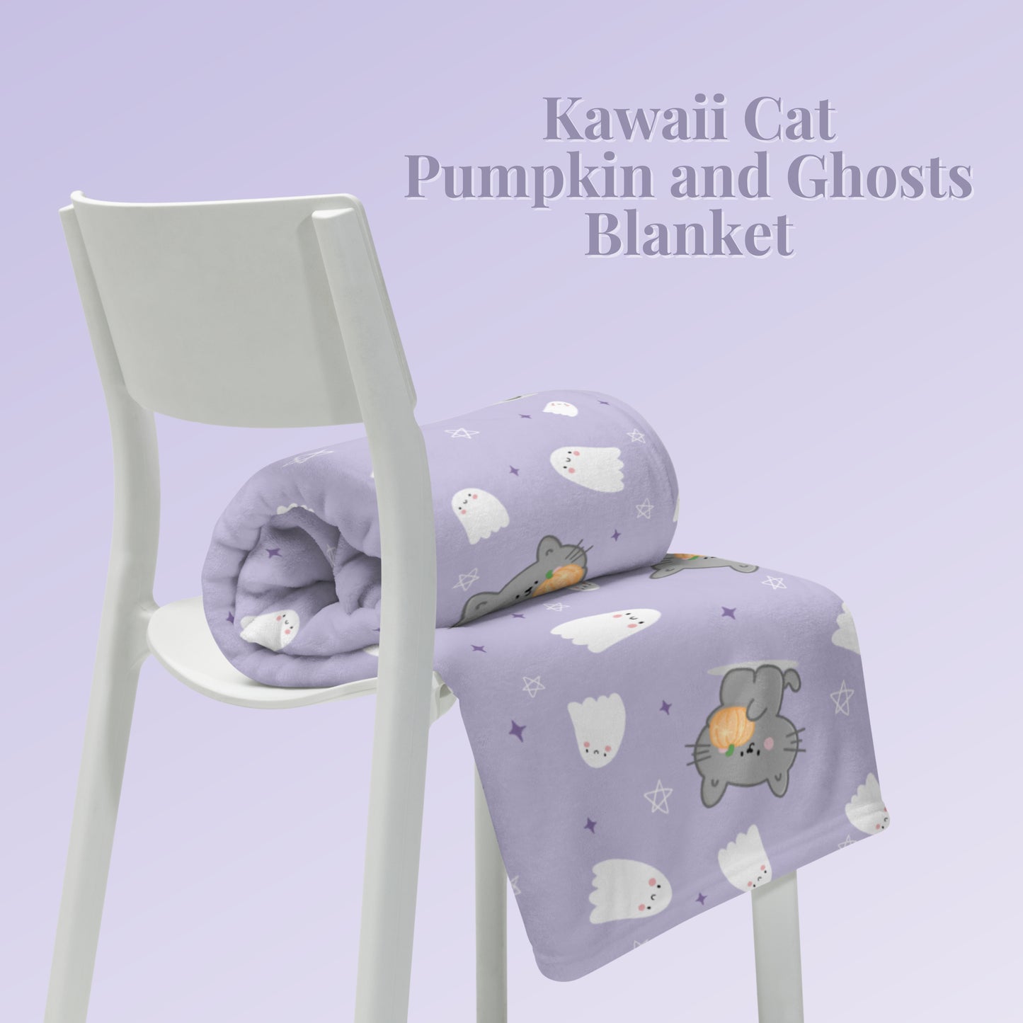 Kawaii Cat, Pumpkin and Ghosts Purple Blanket