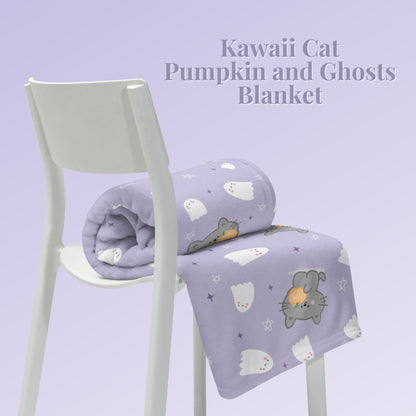 Kawaii Cat, Pumpkin and Ghosts Purple Blanket
