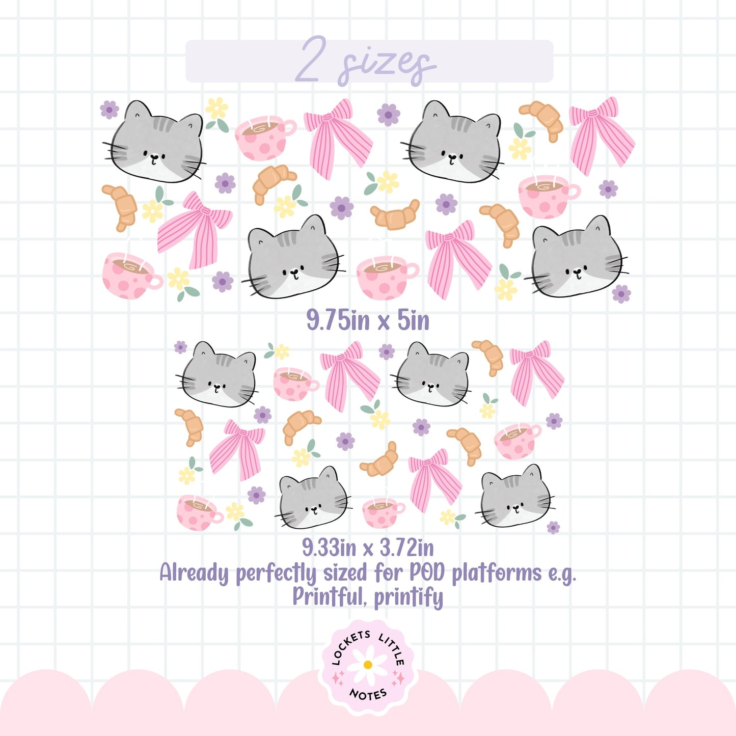 Kawaii Grey Cat Glass Can Wrap PNG, Coffee & Croissant Coquette Design, Floral Pink Ribbon 16oz Libbey, 2 Files POD, Digital Download