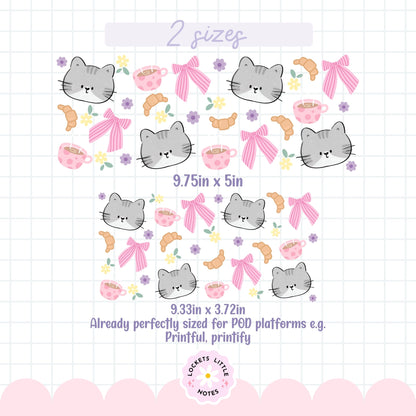Kawaii Grey Cat Glass Can Wrap PNG, Coffee & Croissant Coquette Design, Floral Pink Ribbon 16oz Libbey, 2 Files POD, Digital Download