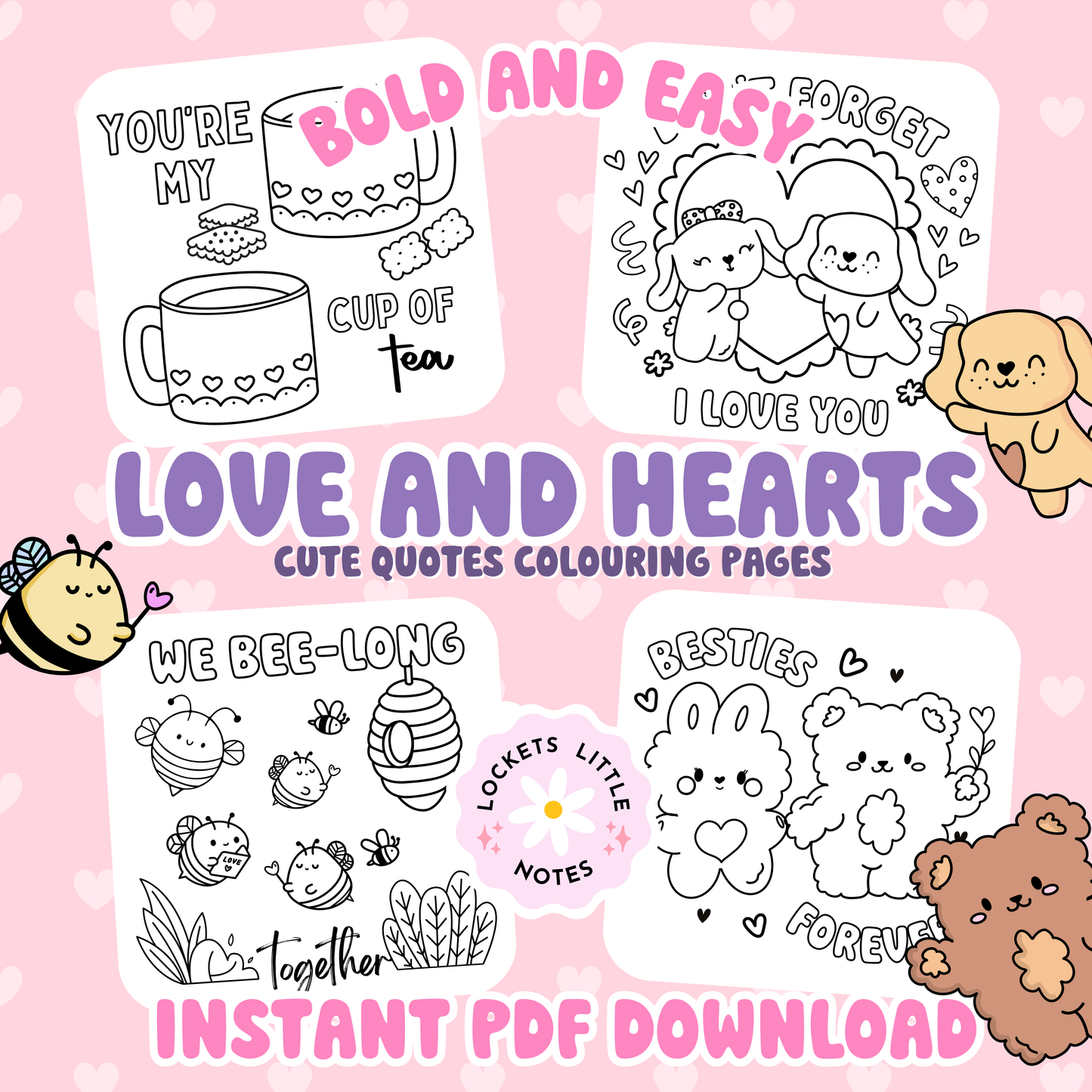 Love and Hearts Colouring Pages. Digital Download.