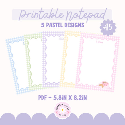Promotional graphic for a printable notepad with pastel designs on a white background. pastel gingham notepad, watercolor café illustration details, and GoodNotes iPad tablet templates.
