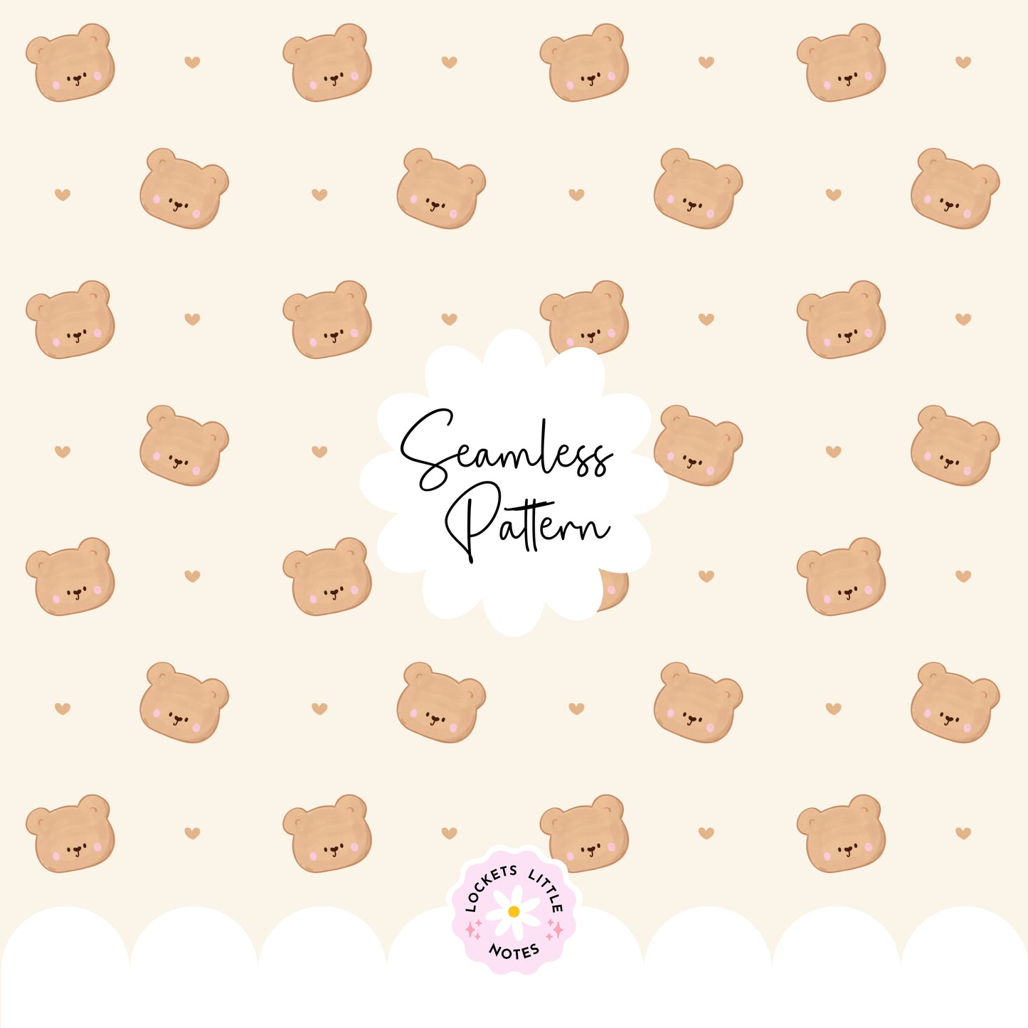 High-resolution seamless pattern tile featuring vintage-style brown teddy bears with dainty pink satin ribbons and bows on a clean cream background.