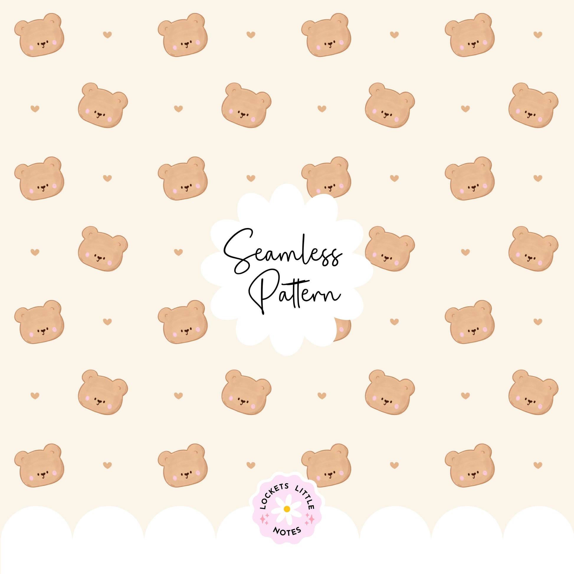High-resolution seamless pattern tile featuring vintage-style brown teddy bears with dainty pink satin ribbons and bows on a clean cream background.