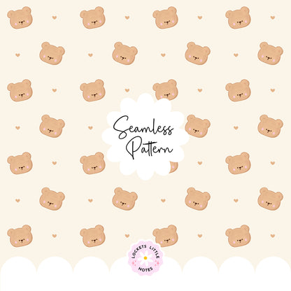High-resolution seamless pattern tile featuring vintage-style brown teddy bears with dainty pink satin ribbons and bows on a clean cream background.