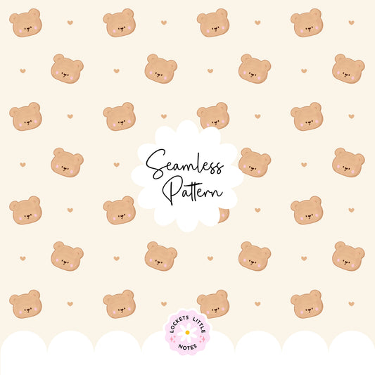 High-resolution seamless pattern tile featuring vintage-style brown teddy bears with dainty pink satin ribbons and bows on a clean cream background.