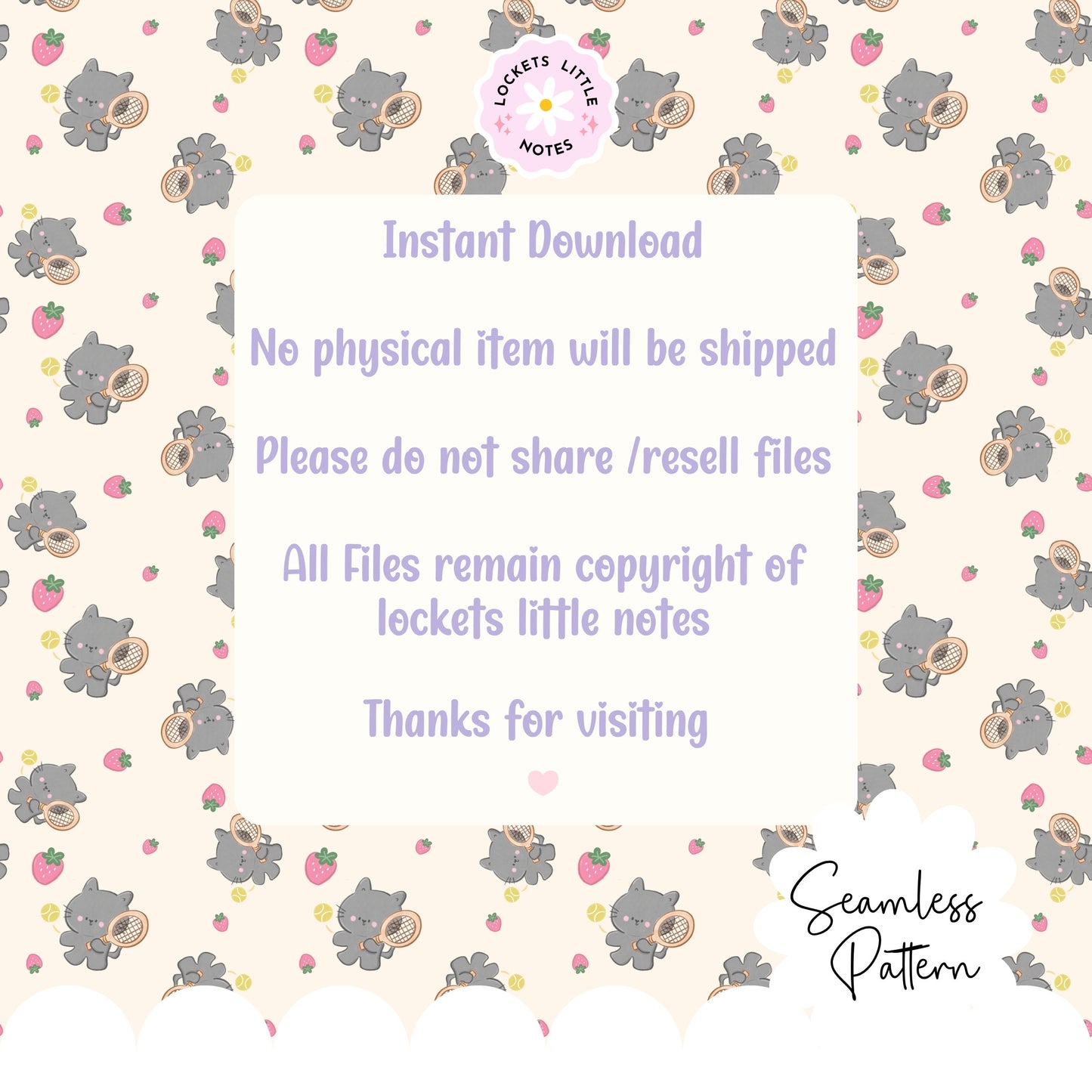 Kawaii Tennis Cat & Strawberry Seamless Pattern | Whimsical Sporty Surface Design