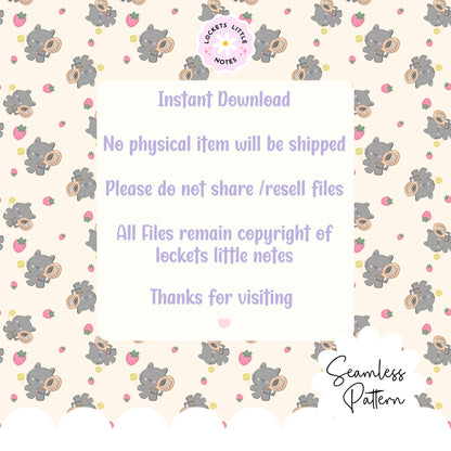 Kawaii Tennis Cat & Strawberry Seamless Pattern | Whimsical Sporty Surface Design