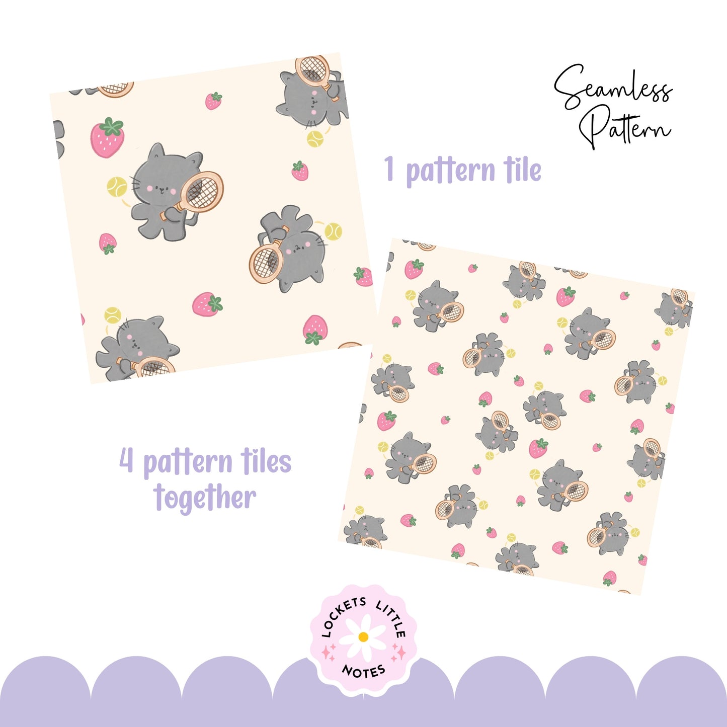 Kawaii Tennis Cat & Strawberry Seamless Pattern | Whimsical Sporty Surface Design
