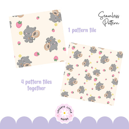 Kawaii Tennis Cat & Strawberry Seamless Pattern | Whimsical Sporty Surface Design