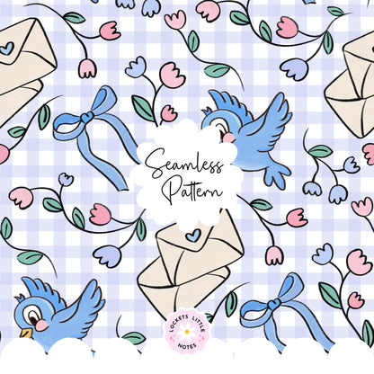 Fairytale Blue Bird & Gingham Seamless Pattern | Digital Download