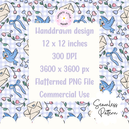 Fairytale Blue Bird & Gingham Seamless Pattern | Digital Download