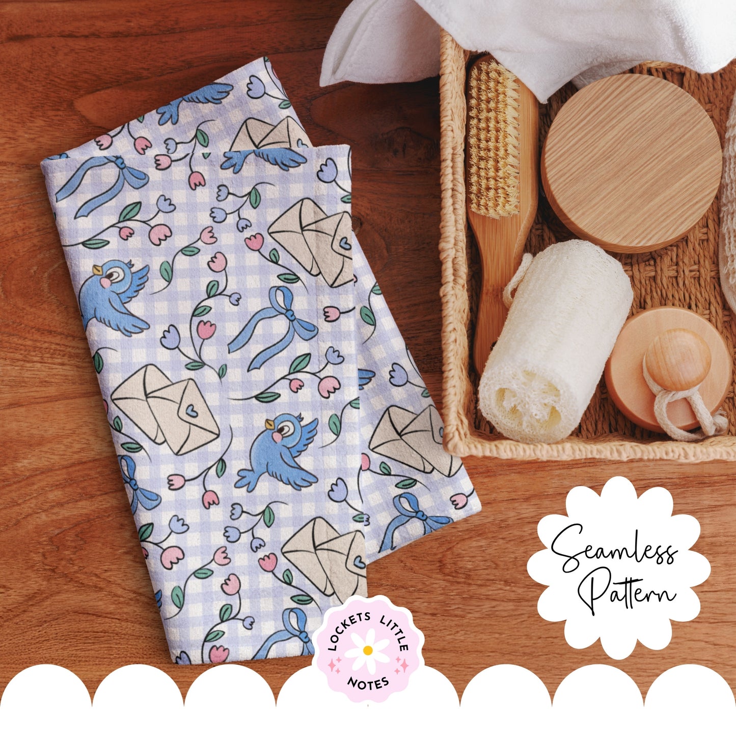 Fairytale Blue Bird & Gingham Seamless Pattern | Digital Download