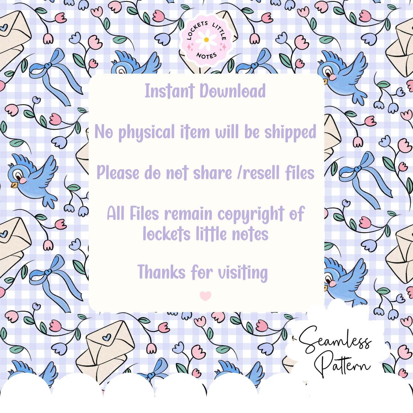 Fairytale Blue Bird & Gingham Seamless Pattern | Digital Download