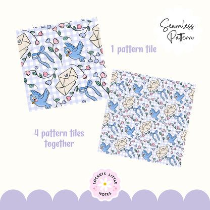 Fairytale Blue Bird & Gingham Seamless Pattern | Digital Download