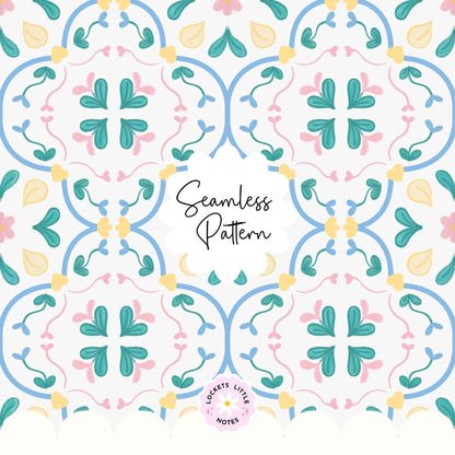 Mediterranean Abstract Tile Seamless Pattern | Azure, Olive & Rose Surface Design