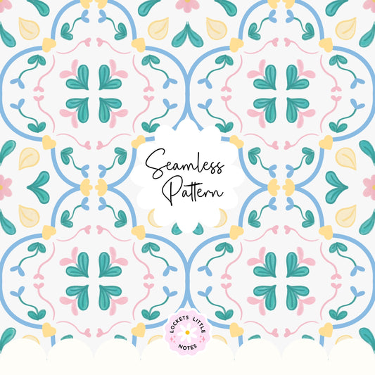 Mediterranean Abstract Tile Seamless Pattern | Azure, Olive & Rose Surface Design