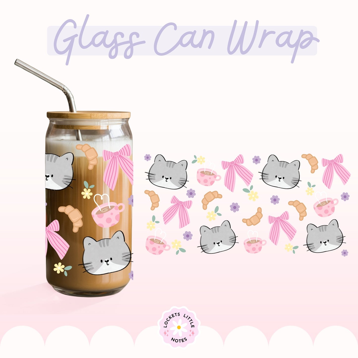 Kawaii Grey Cat Glass Can Wrap PNG, Coffee & Croissant Coquette Design, Floral Pink Ribbon 16oz Libbey, 2 Files POD, Digital Download