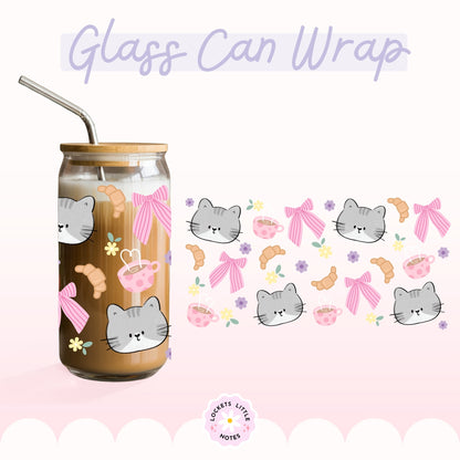 Kawaii Grey Cat Glass Can Wrap PNG, Coffee & Croissant Coquette Design, Floral Pink Ribbon 16oz Libbey, 2 Files POD, Digital Download