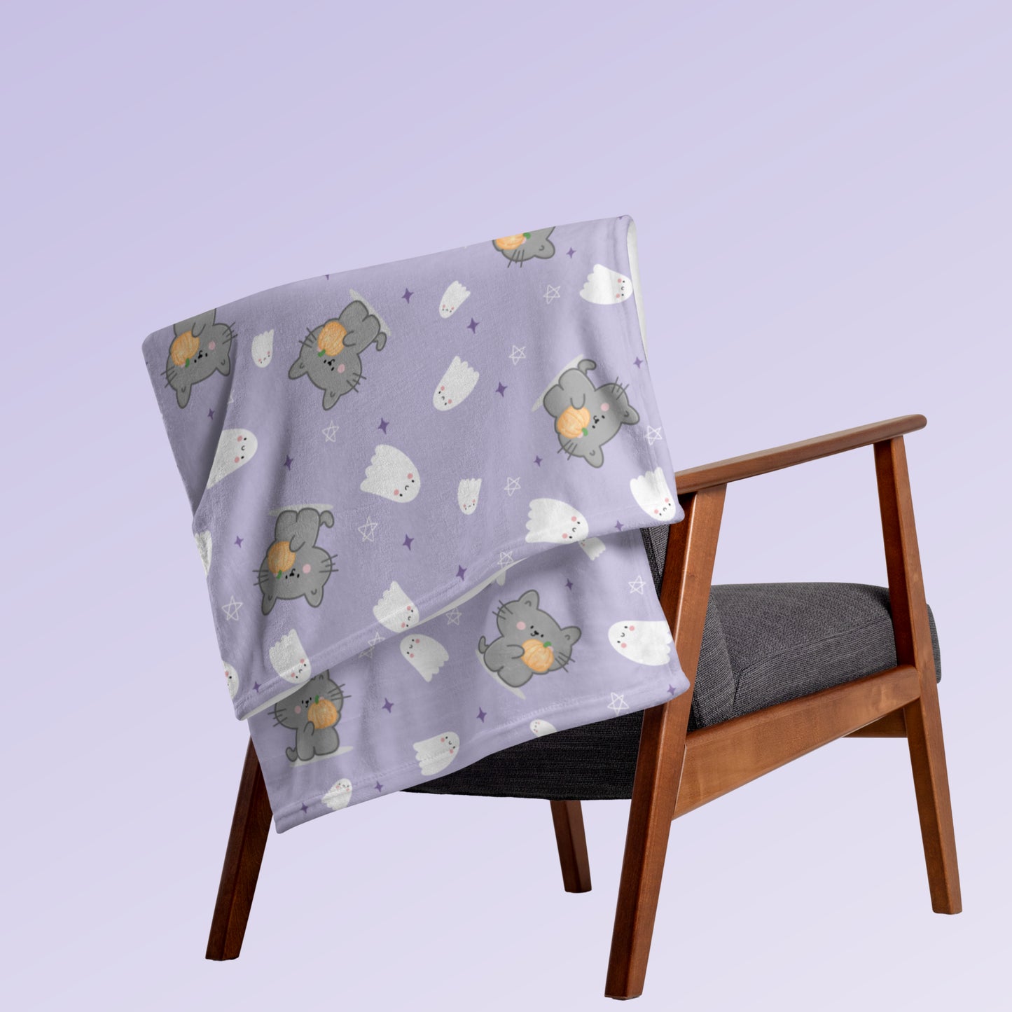 Kawaii Cat, Pumpkin and Ghosts Purple Blanket