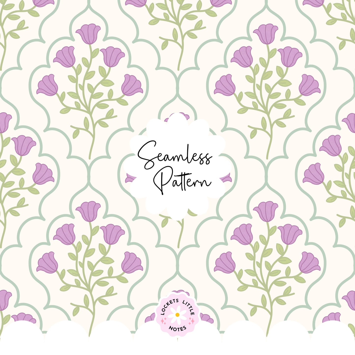 Ornate Green Frame & Purple Floral Seamless Pattern | Modern Regency Surface Design