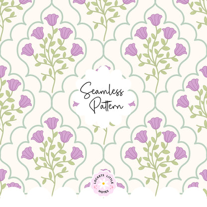 Ornate Green Frame & Purple Floral Seamless Pattern | Modern Regency Surface Design
