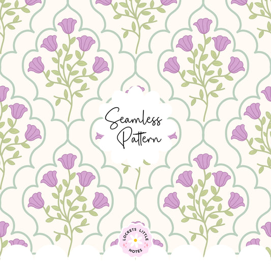 Ornate Green Frame & Purple Floral Seamless Pattern | Modern Regency Surface Design