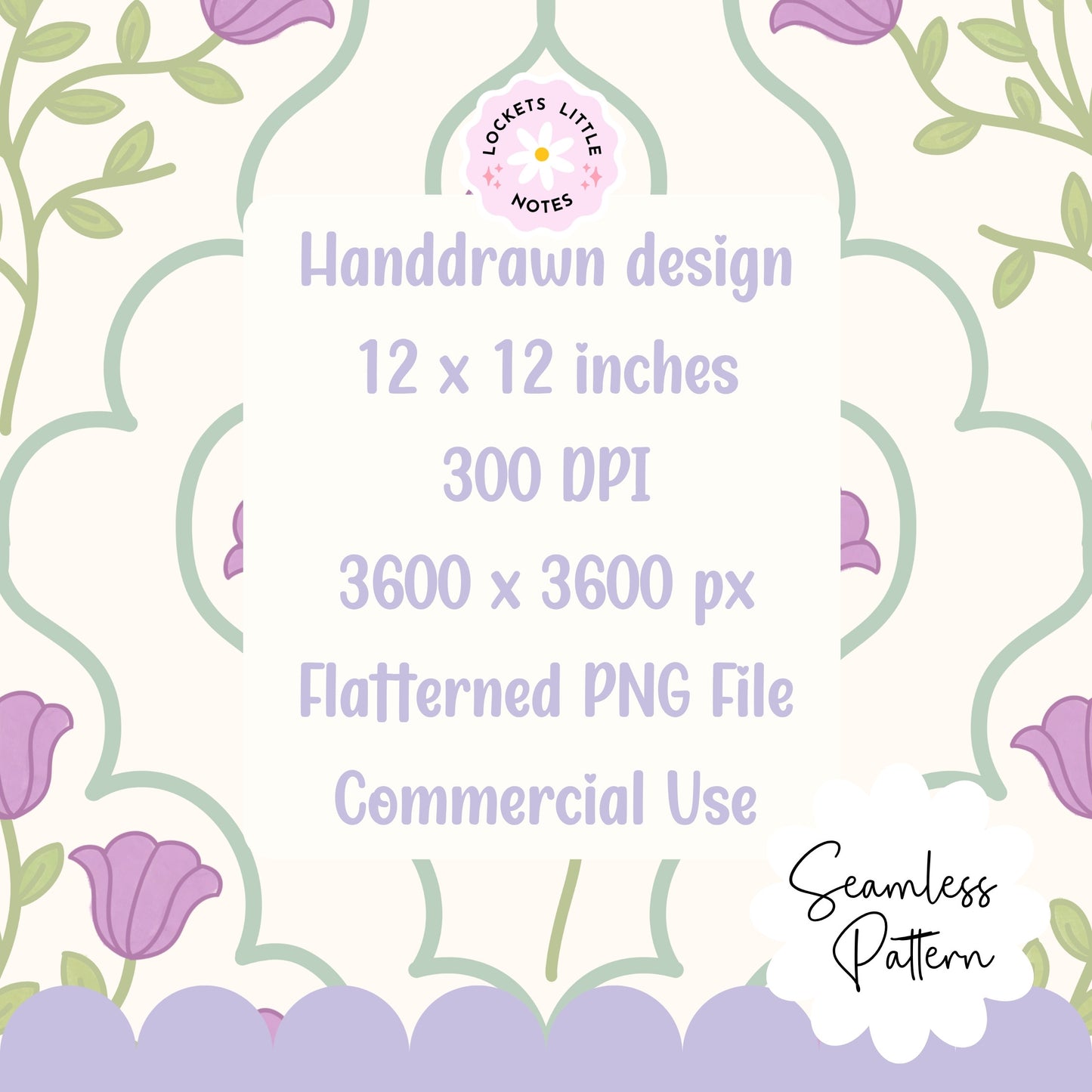 Ornate Green Frame & Purple Floral Seamless Pattern | Modern Regency Surface Design