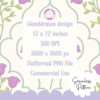 Ornate Green Frame & Purple Floral Seamless Pattern | Modern Regency Surface Design