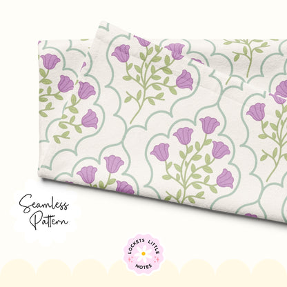 Ornate Green Frame & Purple Floral Seamless Pattern | Modern Regency Surface Design